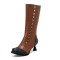 Round Toe Knee High Vintage Side Zipper Cubic Kitten Heels Rivets Boots - Brown Faux Leather