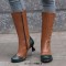 Round Toe Knee High Vintage Side Zipper Cubic Kitten Heels Rivets Boots - Brown Faux Leather