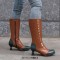 Round Toe Knee High Vintage Side Zipper Cubic Kitten Heels Rivets Boots - Brown Faux Leather