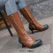 Round Toe Knee High Vintage Side Zipper Cubic Kitten Heels Rivets Boots - Brown Faux Leather