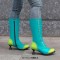 Round Toe Knee High Vintage Side Zipper Cubic Kitten Heels Rivets Boots - Green Faux Leather