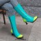 Round Toe Knee High Vintage Side Zipper Cubic Kitten Heels Rivets Boots - Green Faux Leather