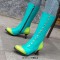 Round Toe Knee High Vintage Side Zipper Cubic Kitten Heels Rivets Boots - Green Faux Leather