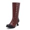 Round Toe Knee High Vintage Side Zipper Cubic Kitten Heels Rivets Boots - Wine Red Faux Leather