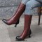 Round Toe Knee High Vintage Side Zipper Cubic Kitten Heels Rivets Boots - Wine Red Faux Leather