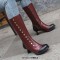 Round Toe Knee High Vintage Side Zipper Cubic Kitten Heels Rivets Boots - Wine Red Faux Leather