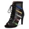 Peep Toe Stiletto Heels Lace Up Ankle Highs Transparent Summer Booties - Black Faux Leather