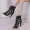 Peep Toe Stiletto Heels Lace Up Ankle Highs Transparent Summer Booties - Black Faux Leather