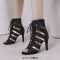 Peep Toe Stiletto Heels Lace Up Ankle Highs Transparent Summer Booties - Black Faux Leather