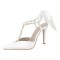Pointed Toe Ankle Faux Pearl Beads T Straps Stiletto Heels Wedding Pumps - White Faux Leather