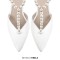 Pointed Toe Ankle Faux Pearl Beads T Straps Stiletto Heels Wedding Pumps - White Faux Leather
