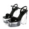 Square Open Toe Transparent Platforms Chunky Heels Ankle Buckle Straps Sandals - Black Patent PVC
