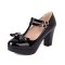 Round Toe T Straps Bowtied Mary Janes Chunky Heels Low Platforms Pumps - Black Patent
