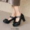 Round Toe T Straps Bowtied Mary Janes Chunky Heels Low Platforms Pumps - Black Patent