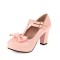 Round Toe T Straps Bowtied Mary Janes Chunky Heels Low Platforms Pumps - Pink Patent