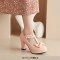 Round Toe T Straps Bowtied Mary Janes Chunky Heels Low Platforms Pumps - Pink Patent