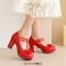 Round Toe T Straps Bowtied Mary Janes Chunky Heels Low Platforms Pumps - Red Patent