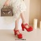 Round Toe T Straps Bowtied Mary Janes Chunky Heels Low Platforms Pumps - Red Patent