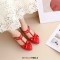Round Toe T Straps Bowtied Mary Janes Chunky Heels Low Platforms Pumps - Red Patent