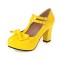 Round Toe T Straps Bowtied Mary Janes Chunky Heels Low Platforms Pumps - Yellow Patent