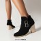 Pointed Toe Chunky Heels Side Zipper Ankle Highs Buckle Straps Winter Booties - Black Flock