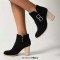 Pointed Toe Chunky Heels Side Zipper Ankle Highs Buckle Straps Winter Booties - Black Flock