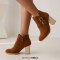 Pointed Toe Chunky Heels Side Zipper Ankle Highs Buckle Straps Winter Booties - Brown Flock