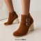 Pointed Toe Chunky Heels Side Zipper Ankle Highs Buckle Straps Winter Booties - Brown Flock
