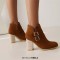 Pointed Toe Chunky Heels Side Zipper Ankle Highs Buckle Straps Winter Booties - Brown Flock