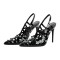 Pointed Toe Stiletto Heels Rhinestones Sexy Slingback Pumps - Black Patent