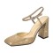 Square Toe Rhinestones Ankle Buckle Straps Chunky Heels Sandals - Beige Faux Leather