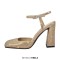Square Toe Rhinestones Ankle Buckle Straps Chunky Heels Sandals - Beige Faux Leather