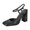 Square Toe Rhinestones Ankle Buckle Straps Chunky Heels Sandals - Black Faux Leather