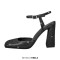 Square Toe Rhinestones Ankle Buckle Straps Chunky Heels Sandals - Black Faux Leather