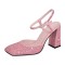 Square Toe Rhinestones Ankle Buckle Straps Chunky Heels Sandals - Pink Faux Leather