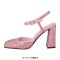 Square Toe Rhinestones Ankle Buckle Straps Chunky Heels Sandals - Pink Faux Leather