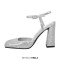 Square Toe Rhinestones Ankle Buckle Straps Chunky Heels Sandals - Silver Faux Leather