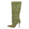 Stiletto Heels Pointed Toe Knee High Pleated Fold Over Booties - Green Flock