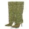 Stiletto Heels Pointed Toe Knee High Pleated Fold Over Booties - Green Flock