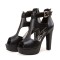 Fish Mouth Platforms Cuban Heels Ankle Buckle T Straps Summer Booties - Black Faux Leather