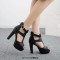 Fish Mouth Platforms Cuban Heels Ankle Buckle T Straps Summer Booties - Black Faux Leather