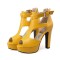 Fish Mouth Platforms Cuban Heels Ankle Buckle T Straps Summer Booties - Yellow Faux Leather