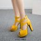Fish Mouth Platforms Cuban Heels Ankle Buckle T Straps Summer Booties - Yellow Faux Leather