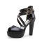 Fish Mouth Platforms Cuban Heels Ankle Buckle Cross Straps Summer Sandals - Black Faux Leather