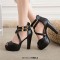 Fish Mouth Platforms Cuban Heels Ankle Buckle Cross Straps Summer Sandals - Black Faux Leather