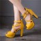 Fish Mouth Platforms Cuban Heels Ankle Buckle Cross Straps Summer Sandals - Yellow Faux Leather
