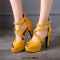 Fish Mouth Platforms Cuban Heels Ankle Buckle Cross Straps Summer Sandals - Yellow Faux Leather