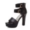 Peep Toe Platforms Cuban Heels Ankle Buckle Double Straps Summer Sandals - Black Faux Leather