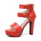 Peep Toe Platforms Cuban Heels Ankle Buckle Double Straps Summer Sandals - Red Faux Leather