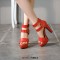 Peep Toe Platforms Cuban Heels Ankle Buckle Double Straps Summer Sandals - Red Faux Leather